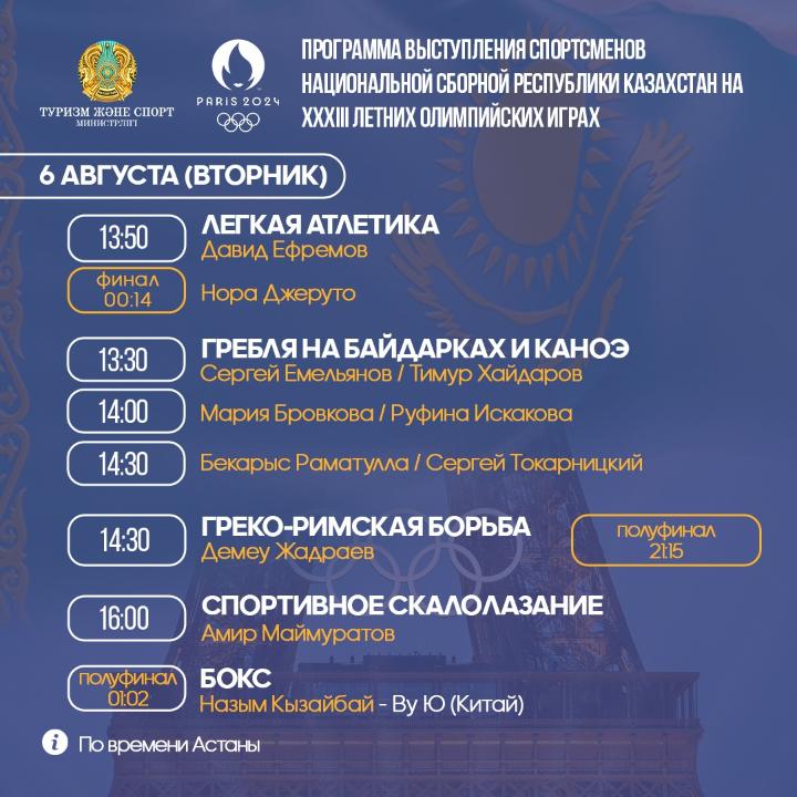 XXXIII летние Олимпийские игры. 6 августа. Программа выступлений спортсменов сборной Казахстана